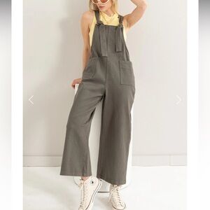 Knotted Twill Wide-Leg Overalls | M | Olive Green